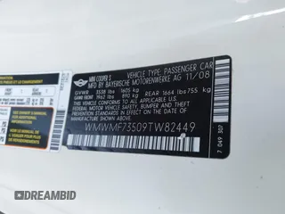 2009 MINI Hardtop S с VIN WMWMF73509TW82449, выставлен на аукционе IAAI как лот 42304286 с пробегом Не указан миль и . История ставок и продаж доступна на DreamBid. Изображение 9.