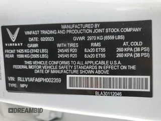 2023 VinFast VF 8 Plus z VIN RLLV1AFA6PH002359, wystawiony jako Copart lot #73861244 z przebiegiem 14 261 mil mil oraz Szkoda całkowita • Salvage title. Historia ofert i sprzedaży dostępna na DreamBid. Obrazek 15.