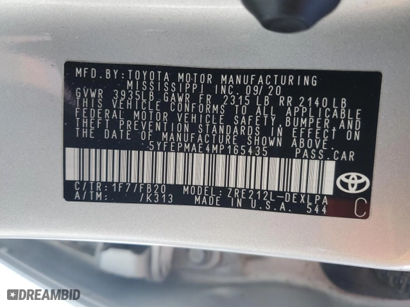 2021 Toyota Corolla LE with VIN 5YFEPMAE4MP165435, listed as a Copart auction lot 45597615 with 86,922 mi miles and Salvage Title. Bid and sale history available at carsss.com. Image 13.