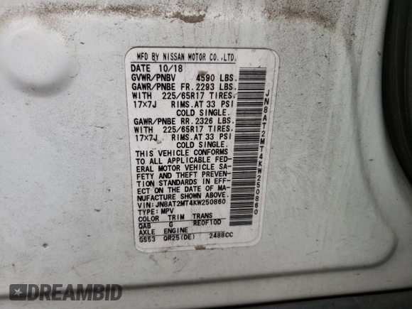 2019 Nissan Rogue SV with VIN JN8AT2MT4KW250860, listed as a Copart auction lot 49810125 with 38,720 mi miles and Salvage Title. Bid and sale history available at DreamBid. Image 14.