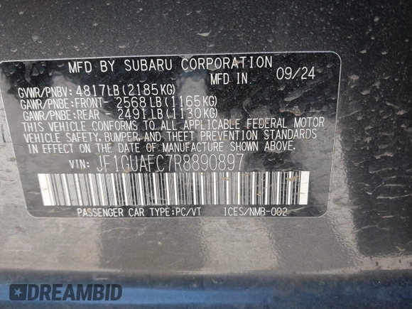 2024 Subaru Impreza Sport with VIN JF1GUAFC7R8890897, listed as a IAAI auction lot 41854371 with 1,373 mi miles. Bid and sale history available at carsss.com. Image 9.