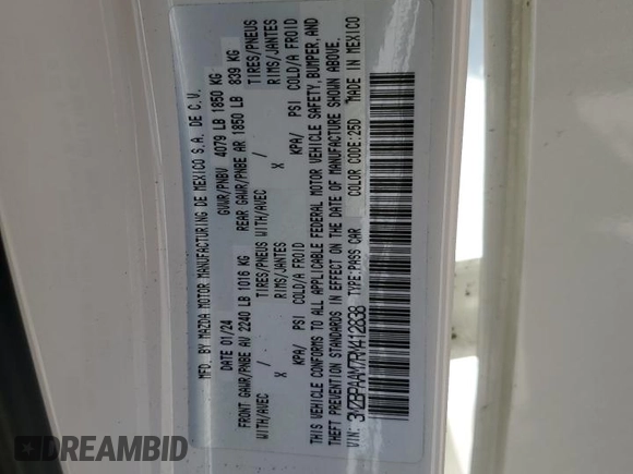 2024 Mazda 3 S with VIN 3MZBPAAM7RM412838, listed as a Copart auction lot 75538204 with Not Provided miles and Non Repairable. Bid and sale history available at DreamBid. Image 13.