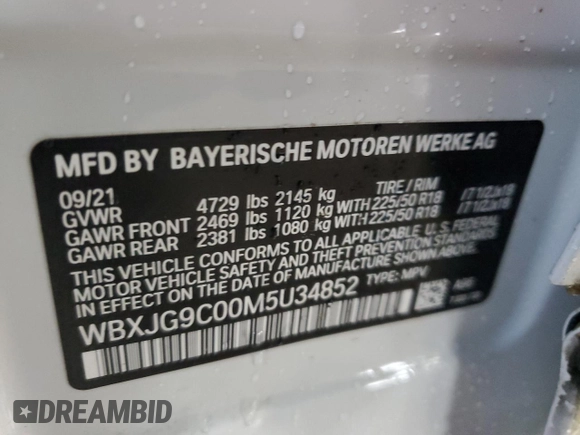 2021 BMW X1 xDrive28i with VIN WBXJG9C00M5U34852, listed as a Copart auction lot 47538875 with 21,546 mi miles and Salvage Title. Bid and sale history available at carsss.com. Image 14.