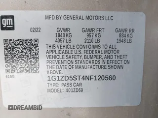 2022 Chevrolet Malibu LT z VIN 1G1ZD5ST4NF120560, wystawiony jako IAAI lot #39985375 z przebiegiem 51 267 mil mil oraz . Historia ofert i sprzedaży dostępna na DreamBid. Obrazek 9.