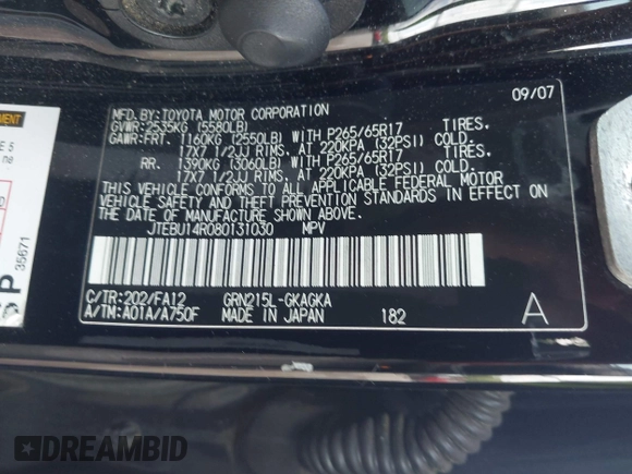 2008 Toyota 4Runner SR5 с VIN JTEBU14R080131030, выставлен на аукционе IAAI как лот 42142281 с пробегом 318 821 миль миль и . История ставок и продаж доступна на DreamBid. Изображение 9.