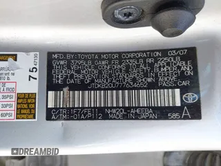 2007 Toyota Prius with VIN JTDKB20U777634652, listed as a IAAI auction lot 42182657 with 200,657 mi miles and . Bid and sale history available at DreamBid. Image 9.