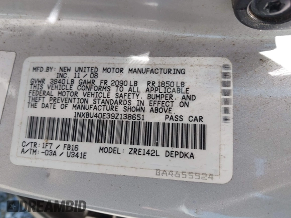 2009 Toyota Corolla with VIN 1NXBU40E39Z138651, listed as a IAAI auction lot 42142888 with 136,343 mi miles and . Bid and sale history available at DreamBid. Image 9.