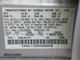 2003 Nissan Altima S with VIN 1N4AL11D33C265538, listed as a IAAI auction lot 42082079 with 180,138 mi miles. Bid and sale history available at carsss.com. Image 9.