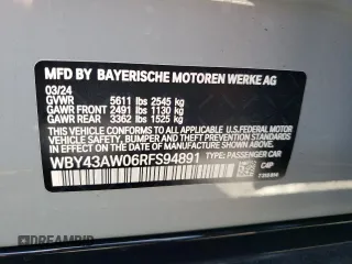 2024 BMW i4 eDrive35 with VIN WBY43AW06RFS94891, listed as a Copart auction lot 57983274 with 1,099 mi miles and Salvage Title. Bid and sale history available at carsss.com. Image 12.