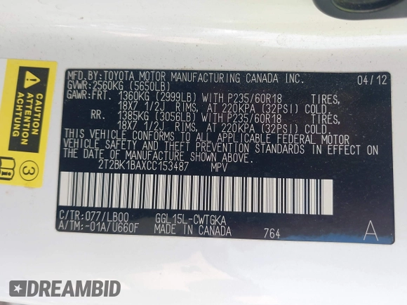 2012 Lexus RX with VIN 2T2BK1BAXCC153487, listed as a IAAI auction lot 41662579 with 115,891 mi miles and . Bid and sale history available at carsss.com. Image 9.