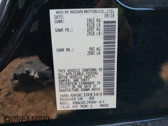 2019 Nissan Altima 2.5 SV with VIN 1N4BL4DV1KC104369, listed as a IAAI auction lot 41432549 with 40,542 mi miles. Bid and sale history available at carsss.com. Image 9.