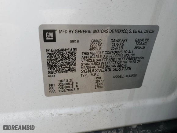 2020 Chevrolet Equinox LT with VIN 3GNAXVEX3LS557136, listed as a Copart auction lot 47953455 with 38,081 mi miles and Salvage Title. Bid and sale history available at carsss.com. Image 14.