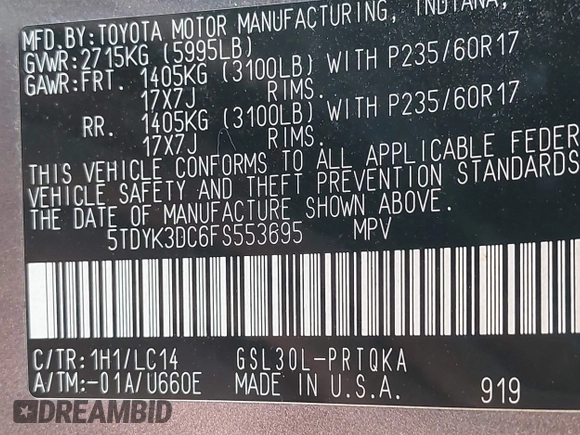 2015 Toyota Sienna XLE with VIN 5TDYK3DC6FS553695, listed as a IAAI auction lot 42418507 with 137,677 mi miles and . Bid and sale history available at DreamBid. Image 9.