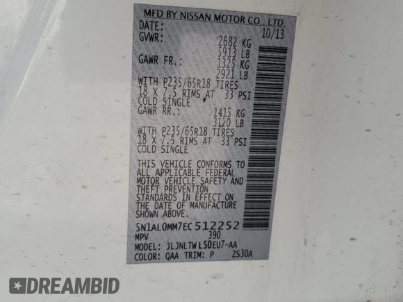 2014 Infiniti QX60 with VIN 5N1AL0MM7EC512252, listed as a Copart auction lot 50782345 with 177,541 mi miles and Salvage Title. Bid and sale history available at carsss.com. Image 14.