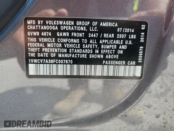 2015 Volkswagen Passat SEL Premium with VIN 1VWCV7A36FC007670, listed as a Copart auction lot 60208065 with 143,703 mi miles and Salvage title. Bid and sale history available at DreamBid. Image 13.