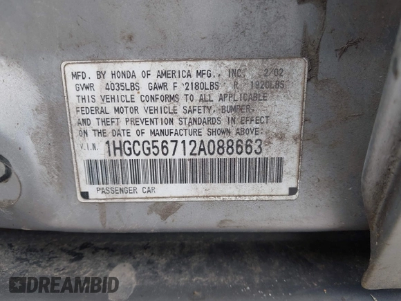 2002 Honda Accord SE с VIN 1HGCG56712A088663, выставлен на аукционе IAAI как лот 42520639 с пробегом 2 304 496 миль миль и . История ставок и продаж доступна на DreamBid. Изображение 9.