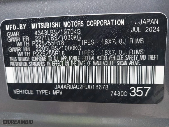 2024 Mitsubishi Outlander Sport S with VIN JA4ARUAU2RU018678, listed as a IAAI auction lot 41659737 with 500 mi miles. Bid and sale history available at carsss.com. Image 9.