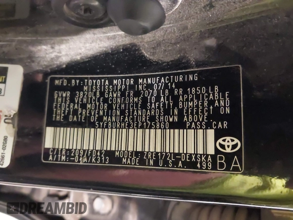 2014 Toyota Corolla L with VIN 5YFBURHE3EP175860, listed as a IAAI auction lot 41961890 with 141,701 mi miles and . Bid and sale history available at DreamBid. Image 9.