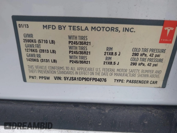 2013 Tesla Model S Performance with VIN 5YJSA1DP9DFP04076, listed as a IAAI auction lot 42185465 with 179,640 mi miles and . Bid and sale history available at DreamBid. Image 9.