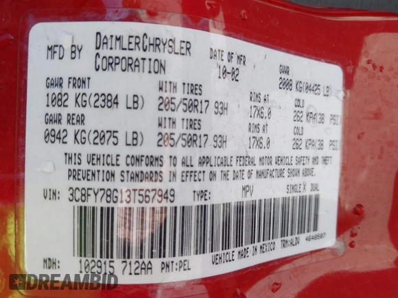 2003 Chrysler PT Cruiser GT with VIN 3C8FY78G13T567949, listed as a IAAI auction lot 42094335 with Not provided miles and . Bid and sale history available at DreamBid. Image 9.