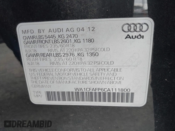 2012 Audi Q5 Premium with VIN WA1CFAFP6CA111800, listed as a IAAI auction lot 42303930 with 141,012 mi miles and . Bid and sale history available at DreamBid. Image 9.