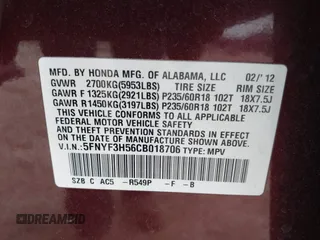 2012 Honda Pilot EX-L with VIN 5FNYF3H56CB018706, listed as a IAAI auction lot 41694870 with 243,284 mi miles. Bid and sale history available at carsss.com. Image 9.