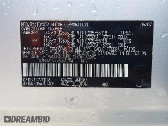 2007 Toyota RAV4 Sport with VIN JTMBD32V776051784, listed as a Copart auction lot 75918854 with 168,857 mi miles and Non Repairable. Bid and sale history available at carsss.com. Image 10.