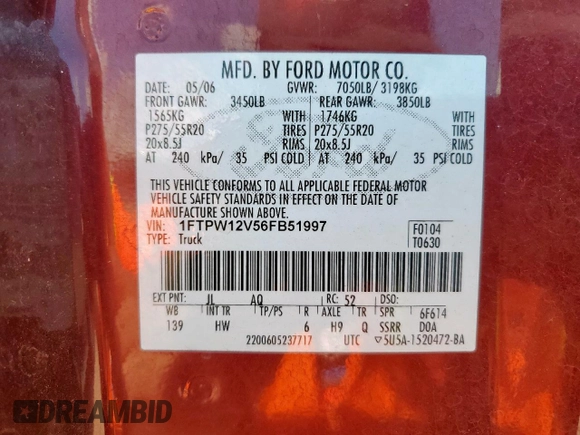 2006 Ford F-150 XLT с VIN 1FTPW12V56FB51997, выставлен на аукционе Copart как лот 65016595 с пробегом 159 402 миль миль и Чистый • Clean title. История ставок и продаж доступна на DreamBid. Изображение 12.