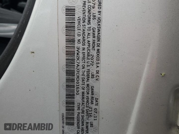 2012 Volkswagen Jetta S с VIN 3VW2K7AJ7CM301530, выставлен на аукционе Copart как лот 56399405 с пробегом 144 932 миль миль и Чистый • Clean title. История ставок и продаж доступна на DreamBid. Изображение 12.