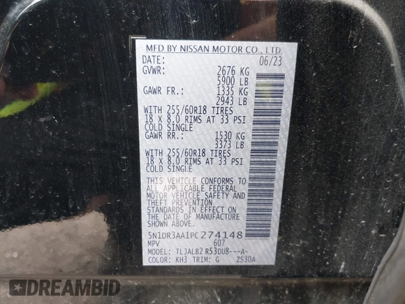 2023 Nissan Pathfinder S with VIN 5N1DR3AA1PC274148, listed as a IAAI auction lot 42120218 with 42,743 mi miles and . Bid and sale history available at DreamBid. Image 9.