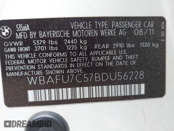 2011 BMW 5 Series 535i xDrive z VIN WBAFU7C57BDU56228, wystawiony jako IAAI lot #42258270 z przebiegiem 103 823 mil mil oraz . Historia ofert i sprzedaży dostępna na DreamBid. Obrazek 9.