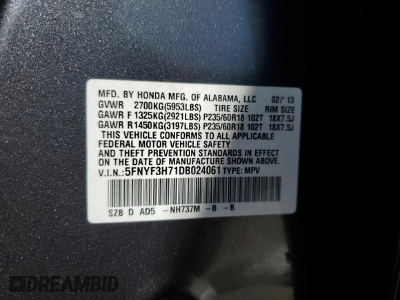 2013 Honda Pilot EX-L z VIN 5FNYF3H71DB024061, wystawiony jako Copart lot #53170895 z przebiegiem 102 295 mil mil oraz Szkoda całkowita • Salvage title. Historia ofert i sprzedaży dostępna na DreamBid. Obrazek 14.