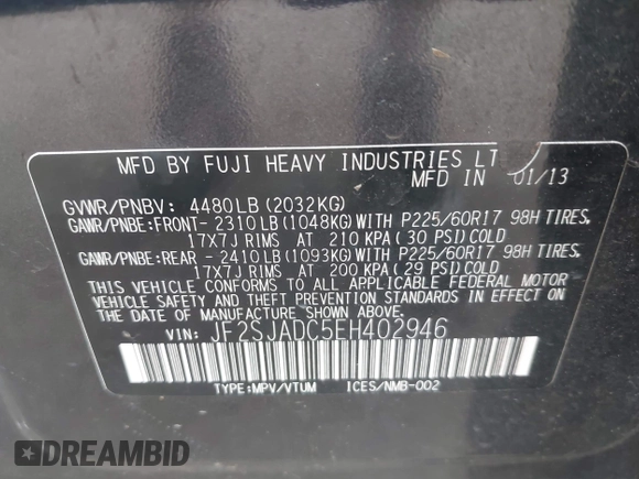 2014 Subaru Forester Premium with VIN JF2SJADC5EH402946, listed as a IAAI auction lot 42112508 with 254,173 mi miles and . Bid and sale history available at DreamBid. Image 9.