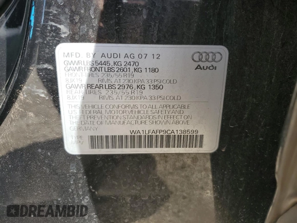 2012 Audi Q5 Premium Plus z VIN WA1LFAFP9CA138599, wystawiony jako Copart lot #49229215 z przebiegiem 123 521 mil mil oraz Szkoda całkowita • Salvage title. Historia ofert i sprzedaży dostępna na DreamBid. Obrazek 13.