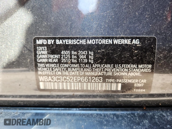 2014 BMW 3 Series 320i xDrive z VIN WBA3C3C52EP661263, wystawiony jako Copart lot #63203495 z przebiegiem 190 412 mil mil oraz Nie do naprawy • Non repairable. Historia ofert i sprzedaży dostępna na DreamBid. Obrazek 12.
