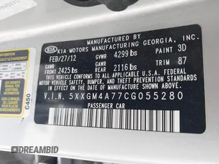 2012 Kia Optima LX z VIN 5XXGM4A77CG055280, wystawiony jako IAAI lot #42360110 z przebiegiem 151 519 mil mil oraz . Historia ofert i sprzedaży dostępna na DreamBid. Obrazek 9.