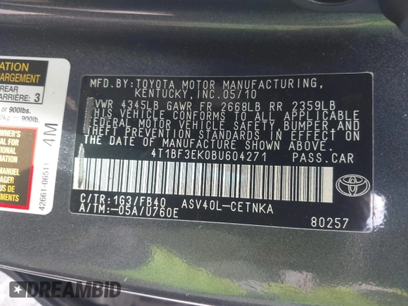 2011 Toyota Camry LE with VIN 4T1BF3EK0BU604271, listed as a IAAI auction lot 41707004 with 184,600 mi miles. Bid and sale history available at carsss.com. Image 9.