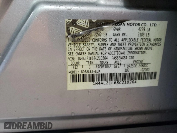 2008 Nissan Altima 2.5 with VIN 1N4AL21E68C210264, listed as a Copart auction lot 47250575 with 176,733 mi miles and Salvage Title. Bid and sale history available at carsss.com. Image 12.