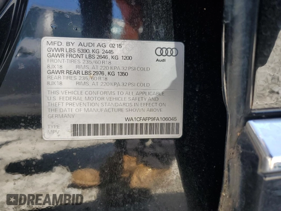 2015 Audi Q5 Premium with VIN WA1CFAFP9FA106045, listed as a Copart auction lot 51577715 with 130,863 mi miles and Clean Title. Bid and sale history available at carsss.com. Image 13.