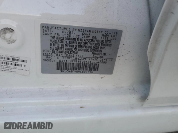 2023 Nissan Versa SR with VIN 3N1CN8FV0PL837945, listed as a Copart auction lot 87968695 with 22,007 mi miles and Salvage Title. Bid and sale history available at DreamBid. Image 12.