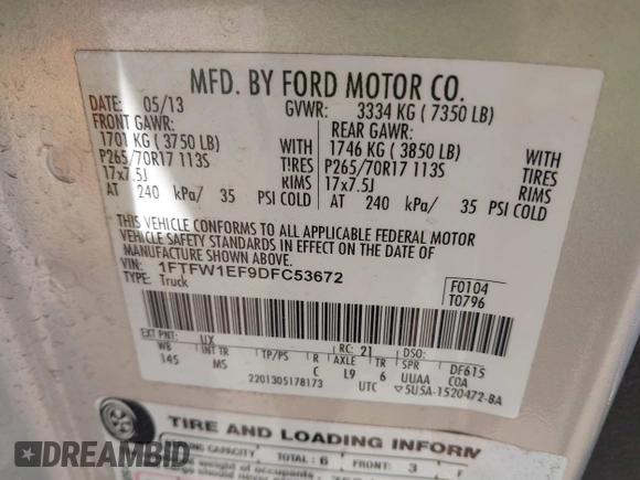 2013 Ford F-150 XL with VIN 1FTFW1EF9DFC53672, listed as a IAAI auction lot 41918137 with 254,960 mi miles. Bid and sale history available at carsss.com. Image 9.