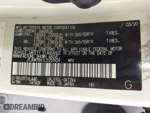 2020 Lexus GX 460 Luxury with VIN JTJGM7BX1L5259929, listed as a IAAI auction lot 41688600 with Not Provided miles and . Bid and sale history available at DreamBid. Image 9.