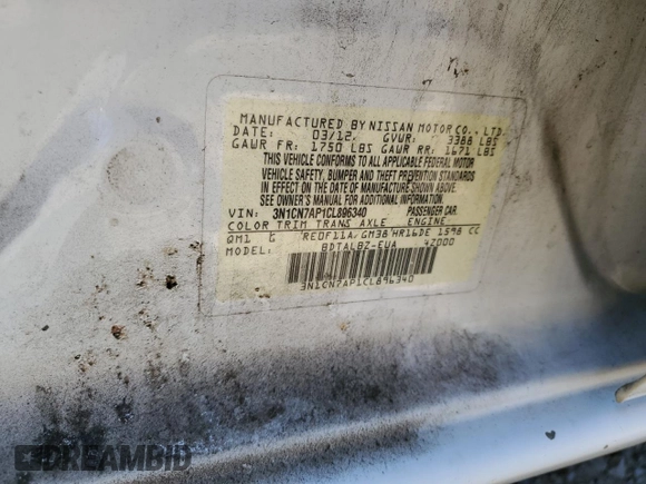 2012 Nissan Versa SL with VIN 3N1CN7AP1CL896340, listed as a Copart auction lot 50656895 with 153,317 mi miles and Clean Title. Bid and sale history available at carsss.com. Image 12.
