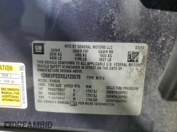2014 Chevrolet Traverse LS z VIN 1GNKVFEDXEJ123578, wystawiony jako Copart lot #57697115 z przebiegiem 112 680 mil mil oraz Szkoda całkowita • Salvage title. Historia ofert i sprzedaży dostępna na DreamBid. Obrazek 13.