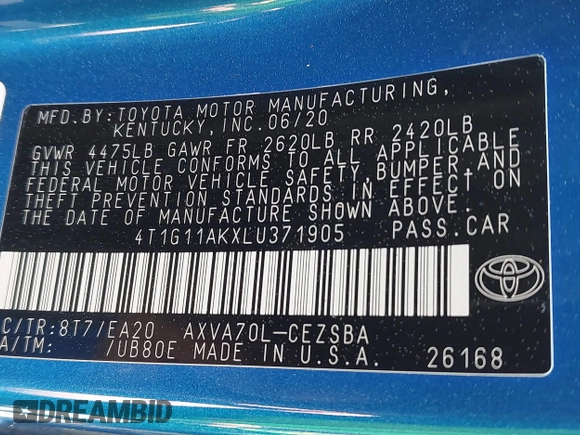 2020 Toyota Camry SE z VIN 4T1G11AKXLU371905, wystawiony jako IAAI lot #41868062 z przebiegiem 103 336 mil mil oraz . Historia ofert i sprzedaży dostępna na DreamBid. Obrazek 9.