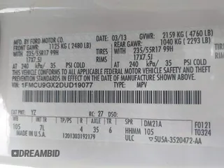 2013 Ford Escape SE with VIN 1FMCU9GX2DUD19077, listed as a IAAI auction lot 41578028 with 124,890 mi miles. Bid and sale history available at carsss.com. Image 9.