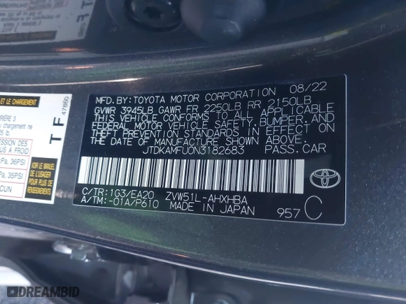 2022 Toyota Prius L Eco with VIN JTDKAMFUON3182683, listed as a IAAI auction lot 41818975 with 23,278 mi miles. Bid and sale history available at carsss.com. Image 9.