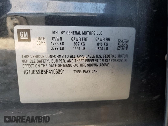 2015 Chevrolet Sonic LTZ z VIN 1G1JE5SB5F4106391, wystawiony jako Copart lot #41699175 z przebiegiem 113 683 mil mil oraz Szkoda całkowita • Salvage title. Historia ofert i sprzedaży dostępna na DreamBid. Obrazek 14.