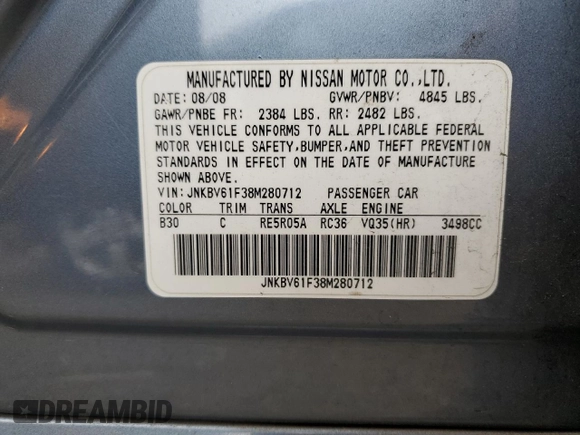 2008 Infiniti G35 x with VIN JNKBV61F38M280712, listed as a Copart auction lot 75116094 with Not Provided miles and Non Repairable. Bid and sale history available at DreamBid. Image 12.