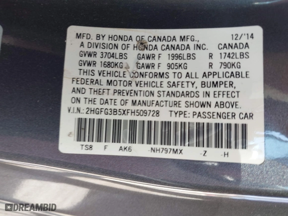 2015 Honda Civic Coupe LX with VIN 2HGFG3B5XFH509728, listed as a IAAI auction lot 41669745 with 96,465 mi miles. Bid and sale history available at carsss.com. Image 9.